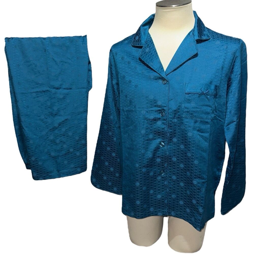 Miss Elaine Teal Long Sleeve Button Up Top & Pants Pajamas Set Women Size S NWT